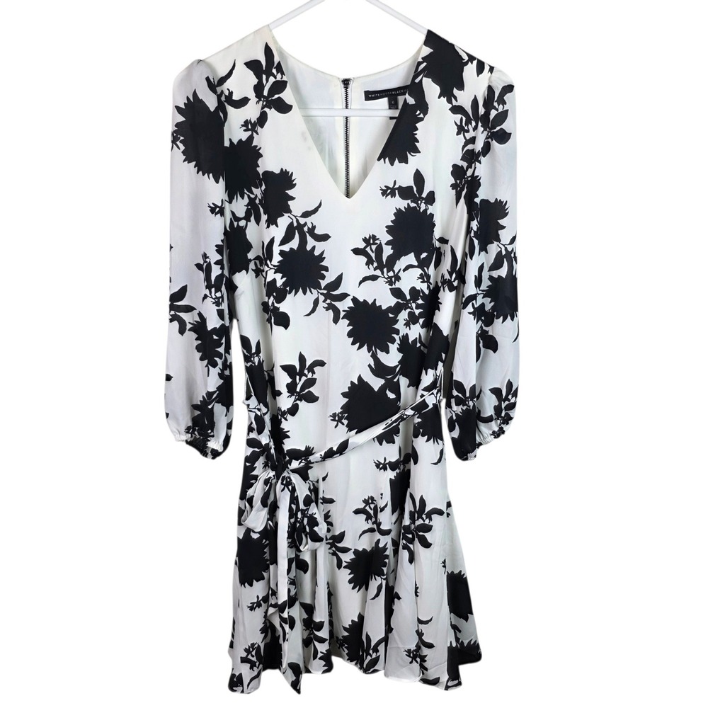 White House Black Market Floral Dress Women 6 White Black Good Belted V-Neck